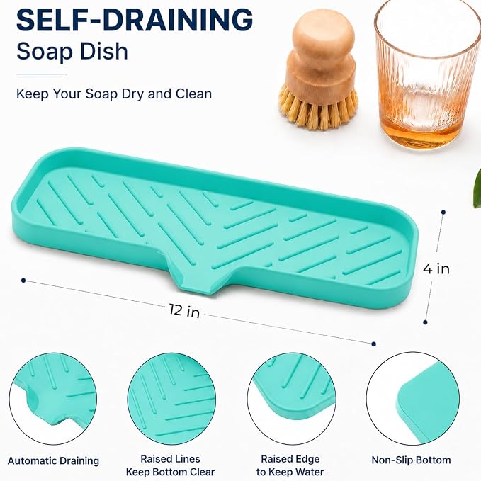 MicoYang Silicone Soap Dish with Drain Spout — Self-Draining Double Sink Organizer Tray for Kitchen & Bathroom, Dispensers, Sponges & Soap Holder, Non-Slip & Dishwasher Safe, Mint (Large, 12"×4")