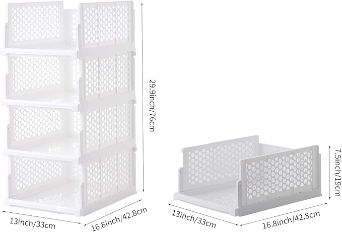 Pull-out Plastic Storage Basket,Stackable Closet Organizers Drawer Anti-Tipping, Reinforced Stable Shelf Container for Bathroom Laundry Room Storage, Space-Saving Clothes Storage (white, Large-4pcs)