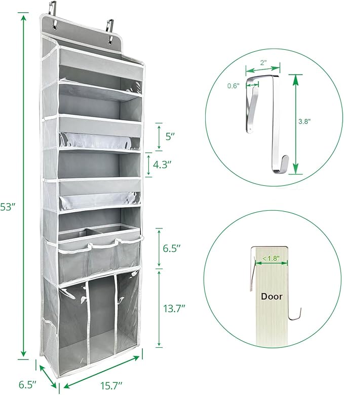 Door Hanging Storage Organizer,with 3 Bins 1 Movable Baby Diaper Caddy,1 Large capacity diaper stacking storage Organizer,10 Side Pockets ,Bedroom Door Storage for Nursery Baby Essentials.Grey 1 Pack.