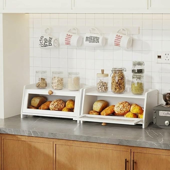 BAMBANG Bread Box for Kitchen Countertop, Bamboo Bread Box for Homemade Bread, Wooden Farmhouse Bread Storage Container, Large Breadbox Bread Bin Organizer for Counter Cabinet Pantry, White