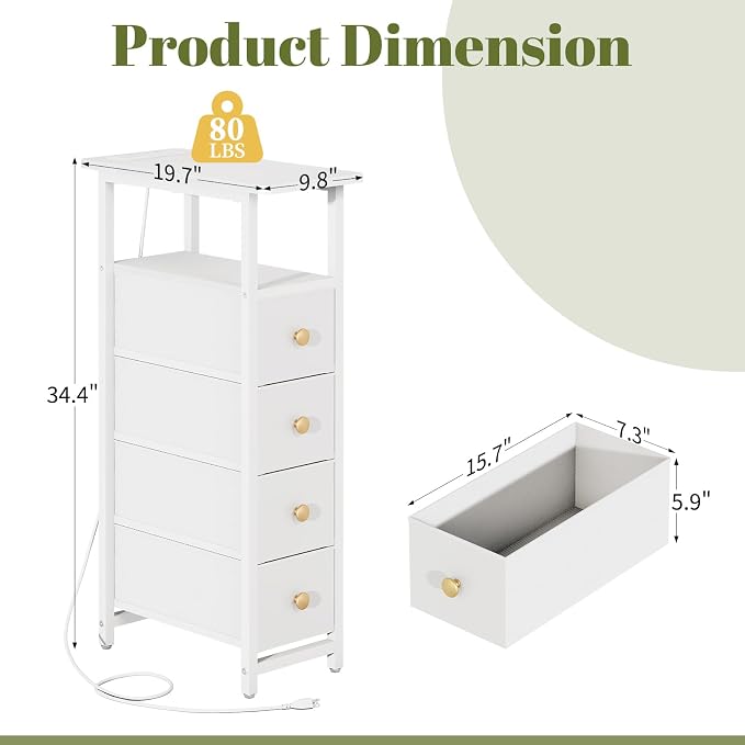 Yoobure LED Narrow Nightstand with Charging Station - Slim Dresser for Bedroom Narrow Side Table Storage Cabinet, Small Dressers Chest of Drawers, Tall Night Stand End Table for Small Spaces, White
