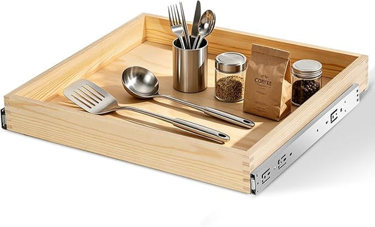 Wooden Pull Out Cabinet Organizer 24" W x 21" D x 3" H Solid Wood Drawer with Soft Close Slides Bottom or Side Mount for Pantry Bathroom