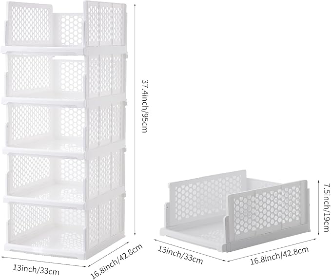 Pull-out Plastic Storage Basket,Stackable Closet Organizers Drawer Anti-Tipping, Reinforced Stable Shelf Container for Bathroom Laundry Room Storage, Space-Saving Clothes Storage (white, Large-5pcs)