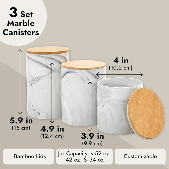 Farmlyn Creek Ceramic Jar Set - Airtight Wood Lids for Kitchen Countertop Jars - White Marble Ceramic Food Storage Containers with Lids - Coffee & Sugar Container Set - 5.9", 4.9", 3.9"