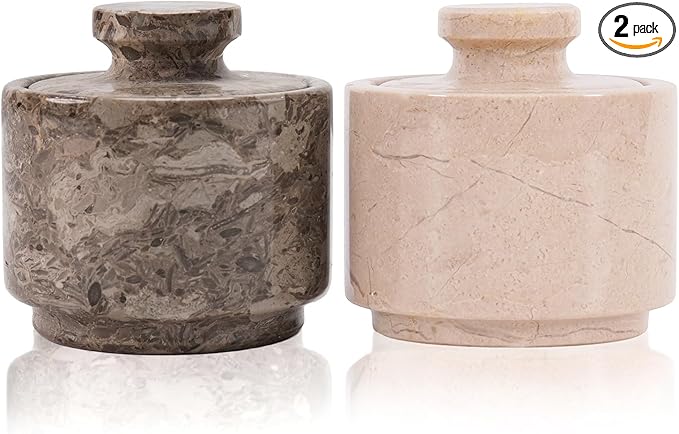 MARBLOUS KRAFTS Marble Salt Cellar 3" Inch Oceanic and Verona Celtic Salt and Spice Holders, DiningTable Decor for Kitchen & Home, Sea Salt Holder with Lid Storage Container, Gift for Mom