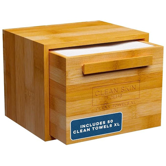 Clean Skin Club Luxe Bamboo container with pullout drawer includes Clean Towels® Original XL 50 Count, Disposable Face Towel Holder for Bathroom Counter