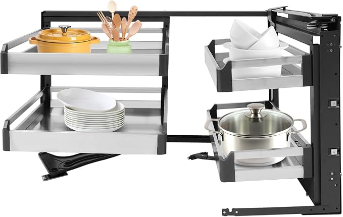 2-Tier Stainless Steel Pull out Organizer, Ideal Slide out Spice Rack for Cabinet, Blind Corner Cabinet with 4 Baskets (Pull-Out to Right)