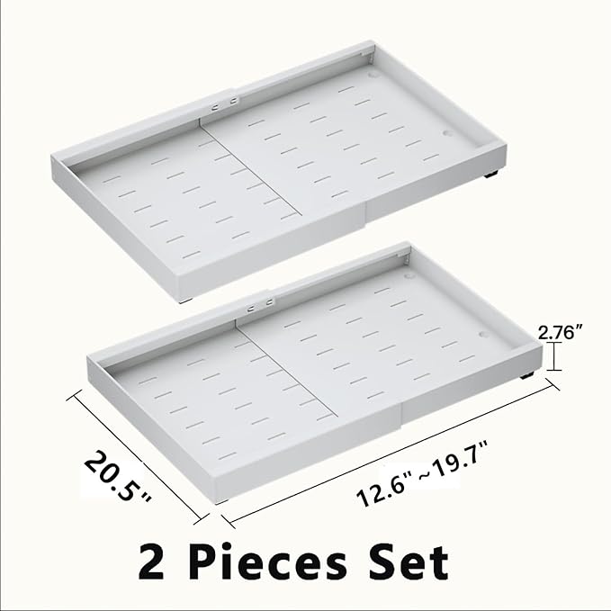 2PCS Expandable Pull Out Cabinet Organizer pots and pans organizer under cabinet Upgrade 3 Slide Rails Slide Out Drawers Roll Out Shelves Adhesive (white, (2pcs) 20.5“D*12.6"~19.7" W*2.76H)