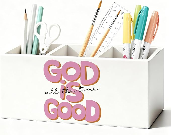 Pink Christian Pen Holder, Christian Gifts for Women Pencil Holder for Desk, God Is Good Bible Verse Preppy Wooden Box Sign Decorations for Girly Room Bedroom Dorm Desk Tabletop