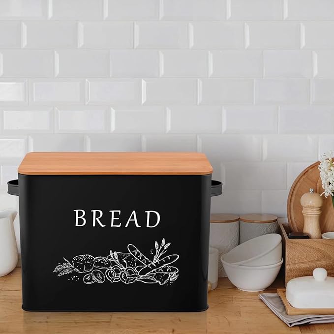 TeamFar Bread Box with Wooden Lid, 13.1” x 7.2” x 9.7” Metal Bread Container Storage Holder for Family Farmhouse Kitchen Countertop, Powder-Coated & Healthy, Large Capacity & Classic Pattern (Black)