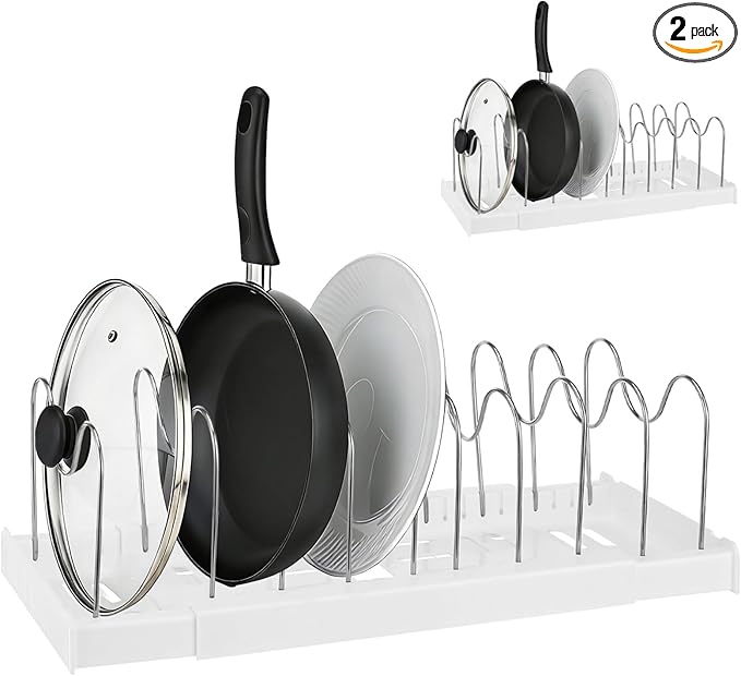 2 Pcs Pot and Pans Under Sink Organizer Cabinet Expandable Food Storage Rack with Adjustable Dividers Kitchen Organization for Lids Dishes Cookware