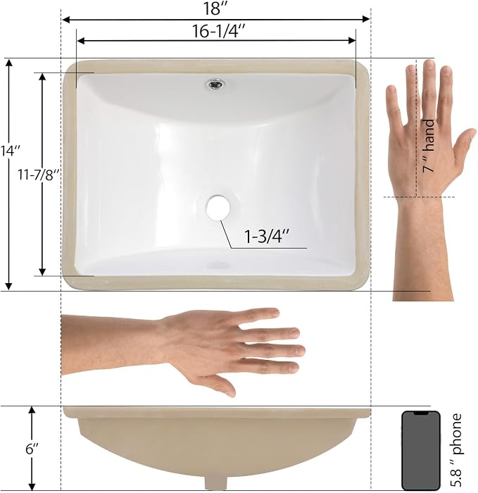 Mocoloo Undermount Bathroom Sink 18 x 14 Inch Rectangle Porcelain White Ceramic Bathroom Sink Deep Basin with Overflow Drain Under the Counter Rectangular Undermount Vanity Sink for Lavatory