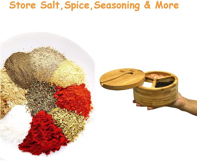 Bamboo Salt and Pepper Box, 3 Compartment Salt and Pepper Cellar With Lid and Spoon,Spice Condiment Container for Kitchen Countertop