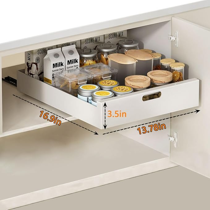 Pull Out Drawers for Cabinets 16.9"Deep, Slide Out Drawers for Kitchen Cabinets Adhesive Pull Out Cabinet Organizer, Cabinet Pull Out Shelves for Kitchen Bathroom and Pantry(White,13.78"W)