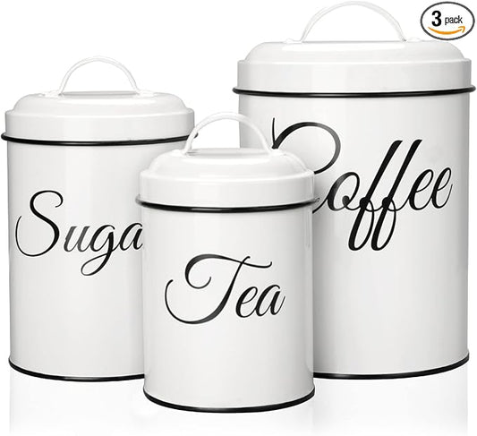 Kitchen Canisters Set of 3, Food Storage Containers for Kitchen Countertop, Large Airtight Coffee Sugar Tea Containers with Lids, White Farmhouse Kitchen Decor