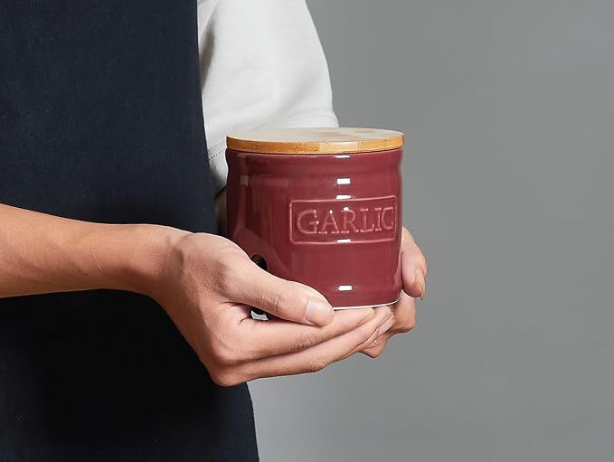 ONEMORE Garlic Keeper with Lid, Ceramic Garlic Saver 4 inch, Dark Red