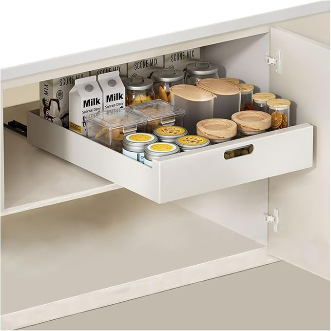 Pull Out Drawers for Cabinets 16.9"Deep, Slide Out Drawers for Kitchen Cabinets Adhesive Pull Out Cabinet Organizer, Cabinet Pull Out Shelves for Kitchen Bathroom and Pantry(White,13.78"W)