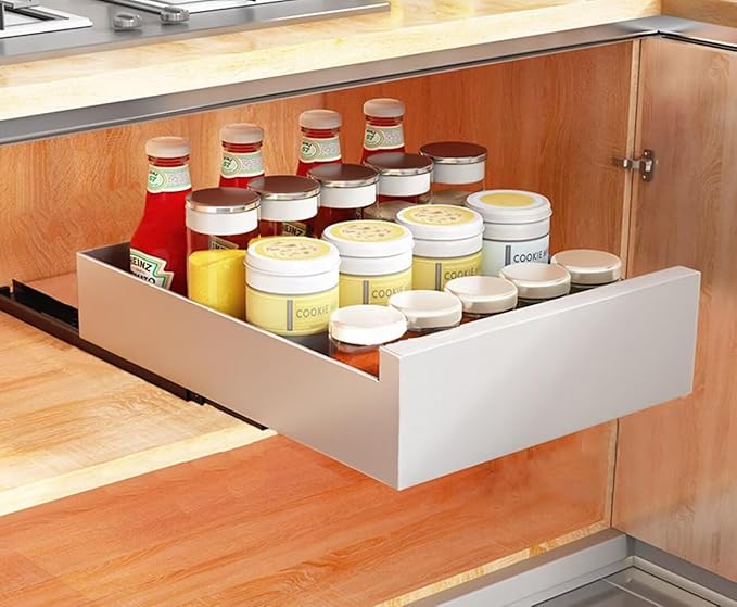 Drill Free Pull Out Cabinet Heavy Duty Sliding Drawer Shelf 25cm W x 43cm D x 9cm H Extendable Storage Solution with Adhesive Film White，White 30cm