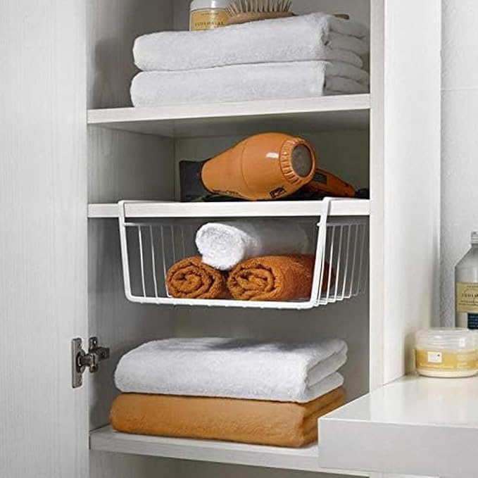 Go Hooked 12 Inch Undershelf Storage Basket Pack of 1 | Multipurpose Under Shelf Organizer | Hanging Wire Basket for Cabinet, Shelf, Pantry, Cupboard, Closet, Desk, and Bathroom (White)