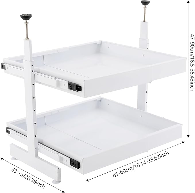 Pull Out Cabinet Organizer, Expandable Slide Out Shelves for Kitchen Cabinet (W 16"-24", H 18.5"-35.4"), No Drill 2-Tier Rolling Drawers, Slide Out Storage Rack for Pantry, Under Sink (White)