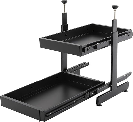 Pull Out Cabinet Organizer, Expandable Slide Out Shelves for Kitchen Cabinet (W 16"-24", H 18.5"-35.4"), No Drill 2-Tier Rolling Drawers, Slide Out Storage Rack for Pantry, Under Sink (Black)