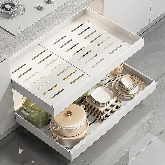 Pull Out Cabinet Organizer 16.54 inch Deep,Expandable Pull out Drawers for Cabinets Adhesive with Film, No Drill Slide Out Drawers for Kitchen Cabinets (Large-White)