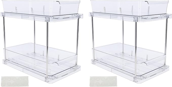 Pull Out Cabinet Organizer Drawers, 2 Tier Vertical Sliding Kitchen Rack with Clear Storage Bins for Seasonings, Easy Install No Drill Adhesive Under Counter Bathro