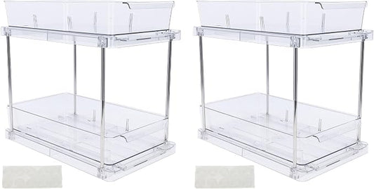 Pull Out Cabinet Organizer Drawers, 2 Tier Vertical Sliding Kitchen Rack with Clear Storage Bins for Seasonings, Easy Install No Drill Adhesive Under Counter Bathro
