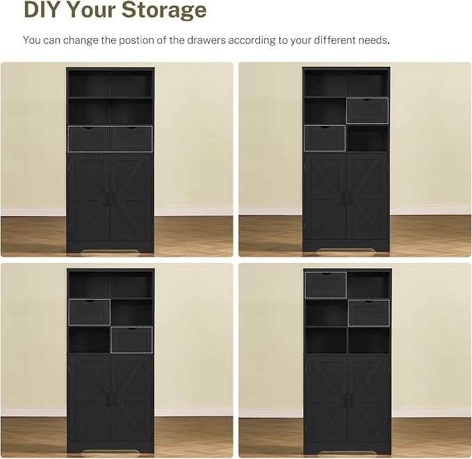 TEENFON Storage Cabinet with Doors & 2 Drawers, Kitchen Cabinet with Adjustable Shelf, Pantry Cabinets, Bathroom Cabinets, for Living Room, Entryway, Home Office, Black