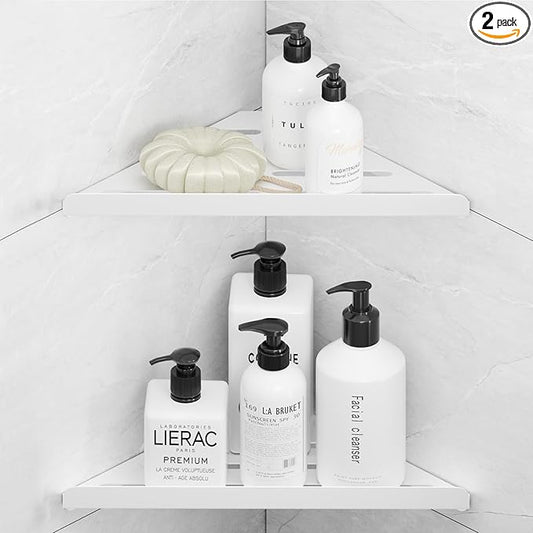 Fikoksol Shower Caddy, 2 Pack Bathroom Corner Shelf, Triangle Shelf Storage for Bathroom Shower, White Metal Shower Shelf & Rustproof Wall Mounted Adhesive Glue Organizer Accessories and Essentials