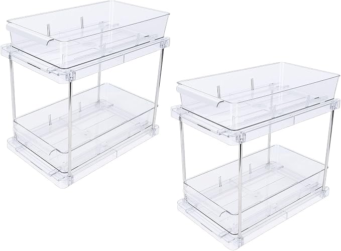 FILFEEL 2 Tier Vertical Pull Out Cabinet – Clear PET Slide Out Seasoning Rack for Kitchen Cabinets, Bathroom Vanity & Under Counter Storage – No Drill Installation, Full Extension Tracks