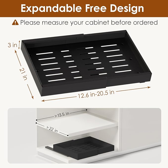 2 Pack Expandable Pull Out Cabinet Organizer 21" Deep, Adjustable Width 12.6"-20.5", No Drill Adhesive with Triple Track Rails, Heavy Duty Slide Out Drawers for Kitchen, Pantry, Cabinets,Black
