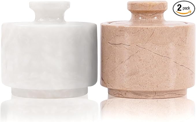MARBLOUS KRAFTS Marble Salt Cellar with Lid 3" Inch White and Verona Sea Salt, Spices, and Seasonings Storage, Perfect for Kitchen Countertop, Dining Table, and Gift Giving,