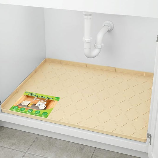 Mateeylife Under Sink Mats for Kitchen Waterproof 28"X19", Undersink Protectors，Silicone Mat Cabinet Liner, Under Sink Organizer for Bathroom and Kitchen，Boot Tray Pet Food Mat, Khaki