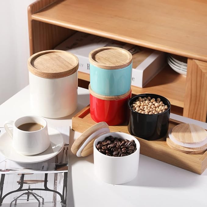 Sweejar Kitchen Canisters Ceramic Food Storage Jar, Stackable Containers with Airtight Seal Wooden Lid for Serving Ground Coffee, Tea, Sugar, Spice and More - 5 Fl Oz(Turquoise)
