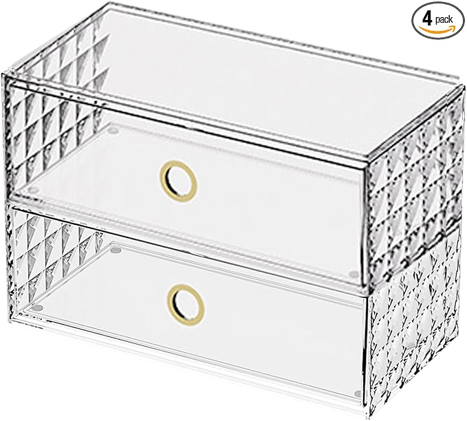 2-Tier Stackable Medicine Cabinet Organizer Drawer with Removable Dividers, Clear Plastic Bathroom Storage Drawers for Vanity, Countertop, Wall Cabinet Home Organization