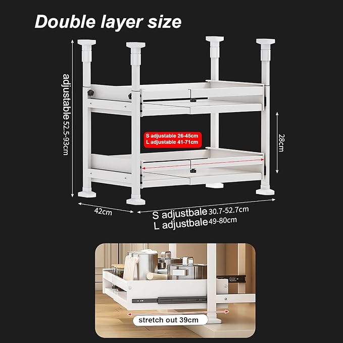 Pull Out Kitchen Cabinet s Sliding Drawers for Cupboard No Drill No Nail Slide Out Storage Solution Black Size S Maximize Kitchen Space Efficiently，White Double Layer_41*42 * 52