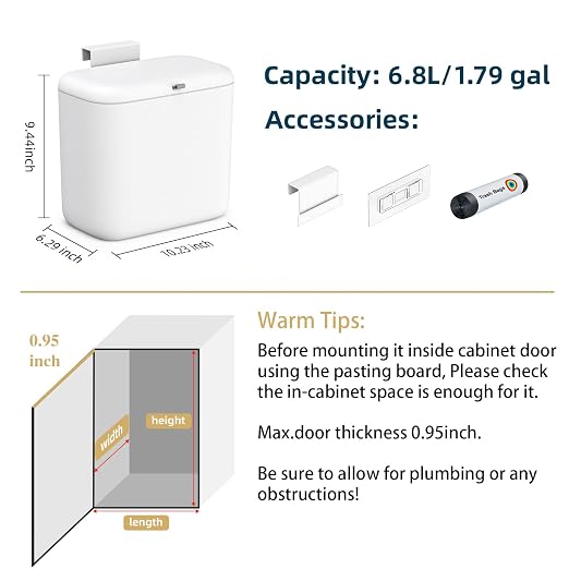 MUEE Compost Bin Kitchen for Counter Top or Under Sink, Hanging Small Trash Can with Lid [1.8 Gal/6.8L], Food Waste Bin, Mountable Garbage Can for Cupboard/Bathroom/Bedroom/Office/RV, Matte White