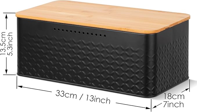 Hossejoy Metal Bread Box with Bamboo Cutting Board Lid, Bread Storage Container for Kitchen Countertop, Modern Bread Bin Holder Breadbox, Kitchen Decor Organizer (Black)