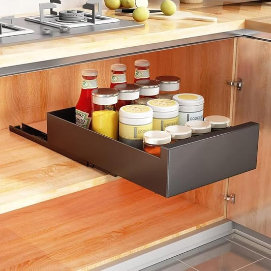 Pull Out Cabinet Telescopic Sliding Drawer Extendable Pullout Storage for Cupboard Drill Free Installation 25cm W x 43cm D x 9cm H Black Kitchen Solution，Black 40cm