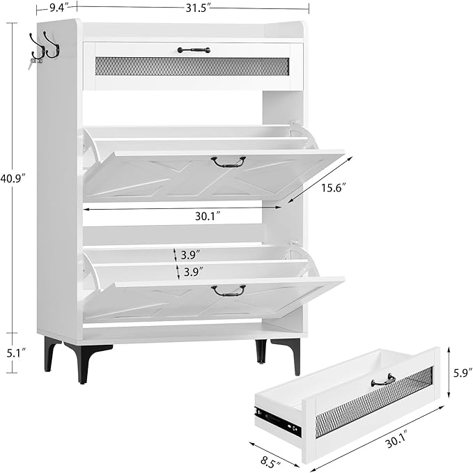 TEENFON Shoe Cabinet with 2 Flip Drawers & Top Drawer, Farmhouse Narrow Shoe Storage Cabinet with Adjustable Shelves & Hooks, Freestanding Hidden Slim Shoe Rack Cabinet for Entryway, Hallway, White