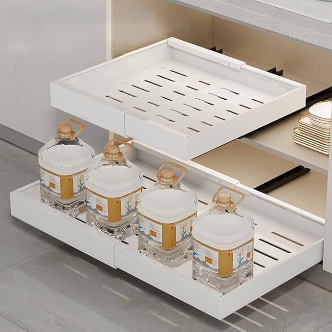Pull Out Cabinet Organizer Fixed, Pull Out Drawers for Cabinets, No Drill Roll Out Shelves Adhesive, Sliding Under Sink Storage Organization for Kitchen