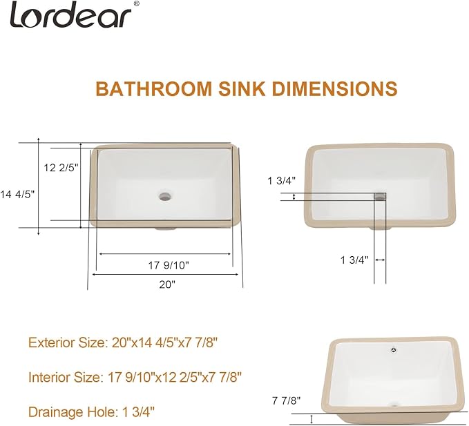 Lordear Undermount Bathroom Sink 20x15 Inch Bathroom Vanity Sink Undermount Rectangle White Porcelain Ceramic Bathroom Under Counter Lavatory Vanity Sink Basin with Overflow