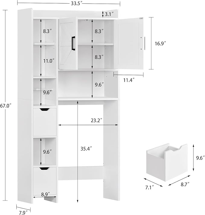 TEENFON Over the Toilet Storage Cabinet with 2 Removable Drawers, Above Toilet Storage Cabinet with 10 Storage Shelves, Taller Wooden Free Standing Bathroom Storage, Laundry Room Storage Shelf, White