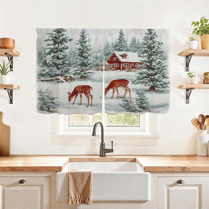 Self Adhesive Forest Deer & Red Cabin Cabinet Curtain for Mother's Day, 39x28 Inch Nature Scenery Under Sink Skirt No Drill, Spring Cleaning Kitchen Decor, Hook and Loop Laundry Valance