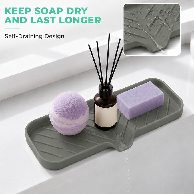 MicoYang Silicone Soap Dish with Drain Spout — Self-Draining Double Sink Organizer Tray for Kitchen & Bathroom, Dispensers, Sponges & Soap Holder, Non-Slip & Dishwasher Safe, Grey (Large, 12"×4")