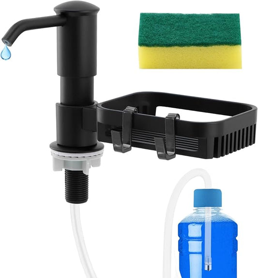 Soap Dispenser Pump for Kitchen Sink with Sponge Rack,Under Counter Sink Soap Dispenser Pump with 39" Extension Tube Kit,Fit for Kitchen Bathroom in Counter(Black)