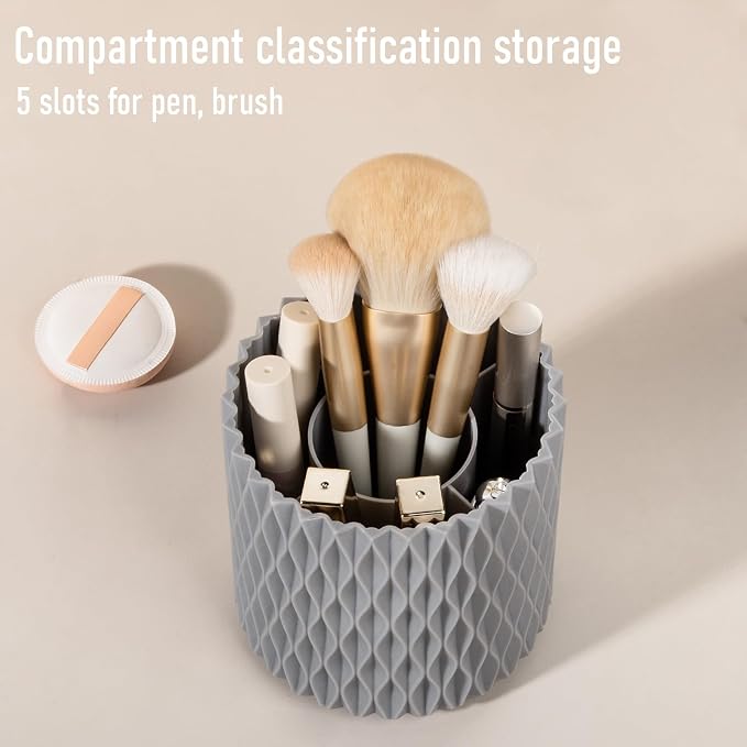 Anyoifax Makeup Brush Holder Organizer 362°Rotating Make Up Brushes Container for Vanity, Spinning Cosmetics Storage Cup, Ripple Gray