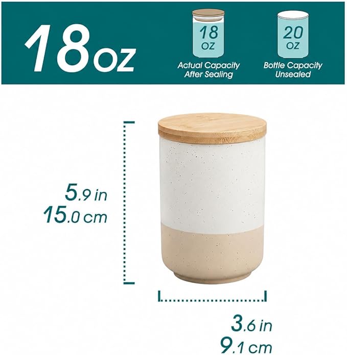 vancasso Sabine Small Ceramic Canister with Airtight Wood Lid - 18 oz Kitchen Storage for Coffee, Sugar, Tea & Spices - Compact Countertop Jar
