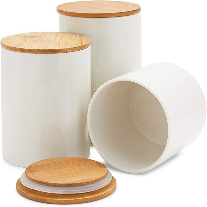 Farmlyn Creek White Ceramic Canisters - Coffee Canisters with Airtight Wood Lids - Countertop Coffee Tea Sugar Container Set - Flour & Sugar Storage Containers - 3 Pack, 4x4x5.9/4x4x4.9/4x4x3.9 in